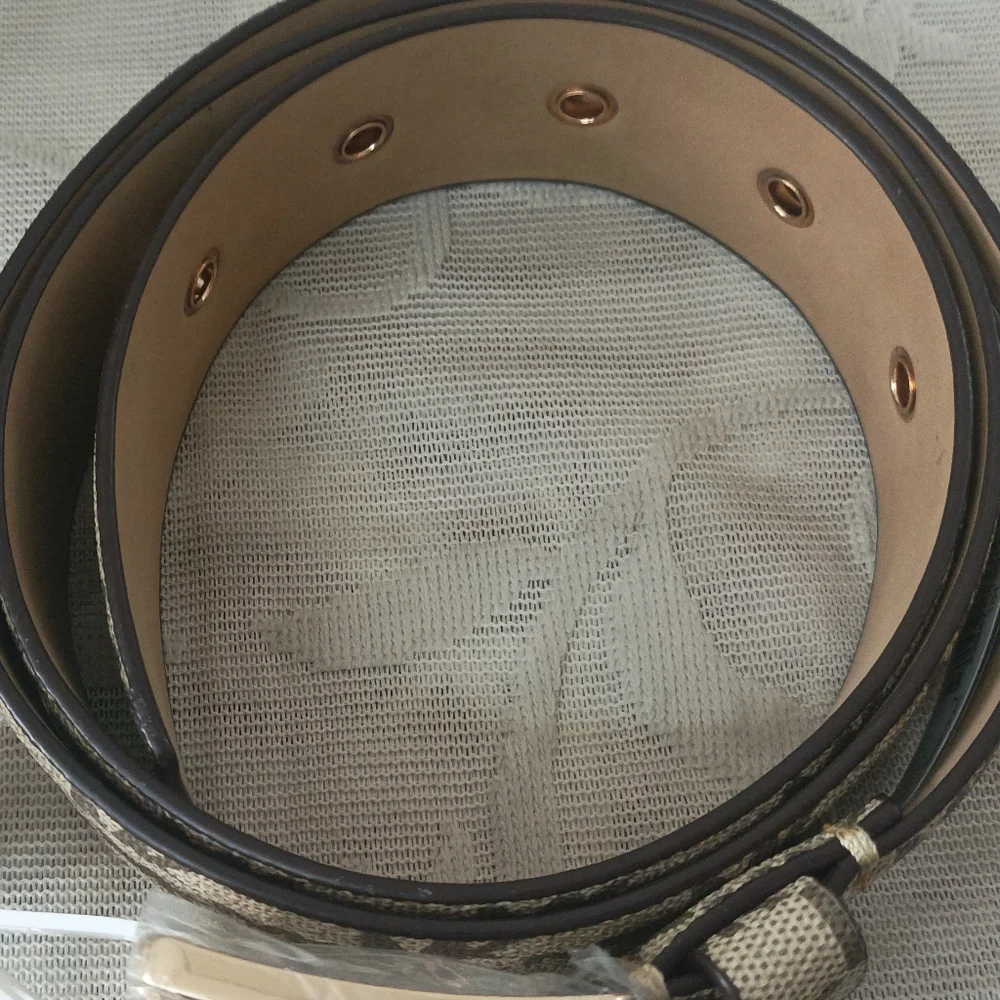 Authentic Michael Kors Womens Gold MK Buckle Belt Light Brown Signature Belt - Picture 3 of 14